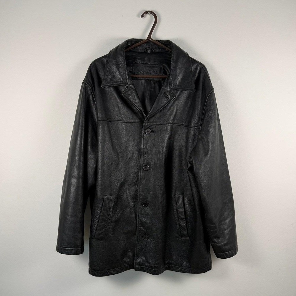 VTG‎ New Edition Mens Black Genuine Leather Button Front Car Coat Jacket XL 3002
